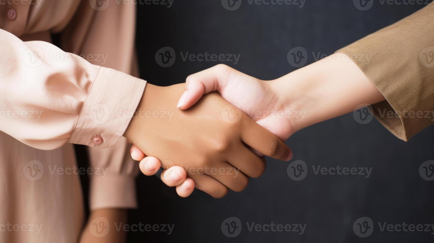 Geschäft Handschlag zwischen zwei Frauen. schließen hoch. Vertikale Banner. generativ ai. foto