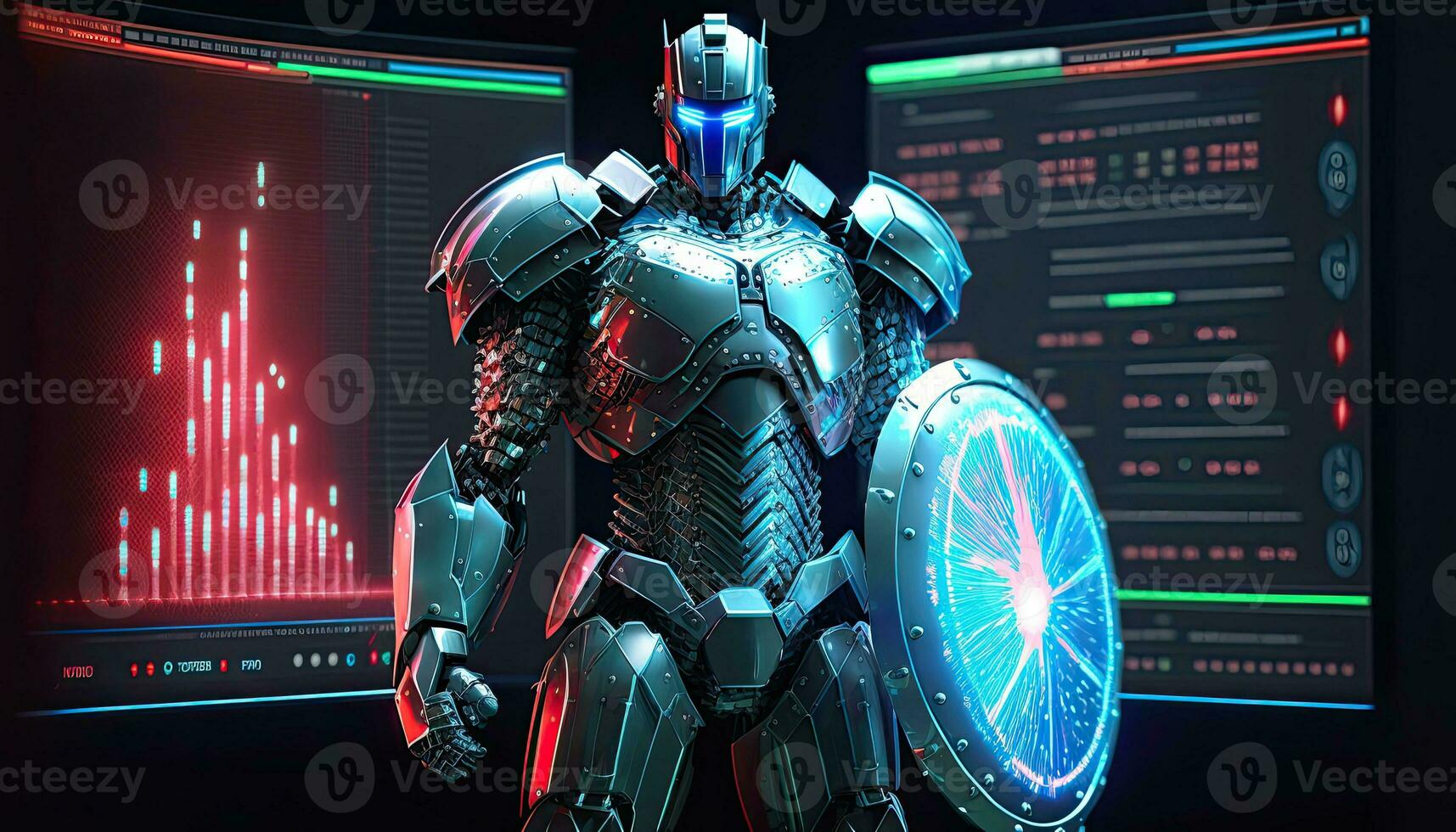 ein Cyborg halten ein futuristisch mit Schild, Digital Hologramm Grafiken Hintergrund, Digital Kunst Stil. generativ ai. foto