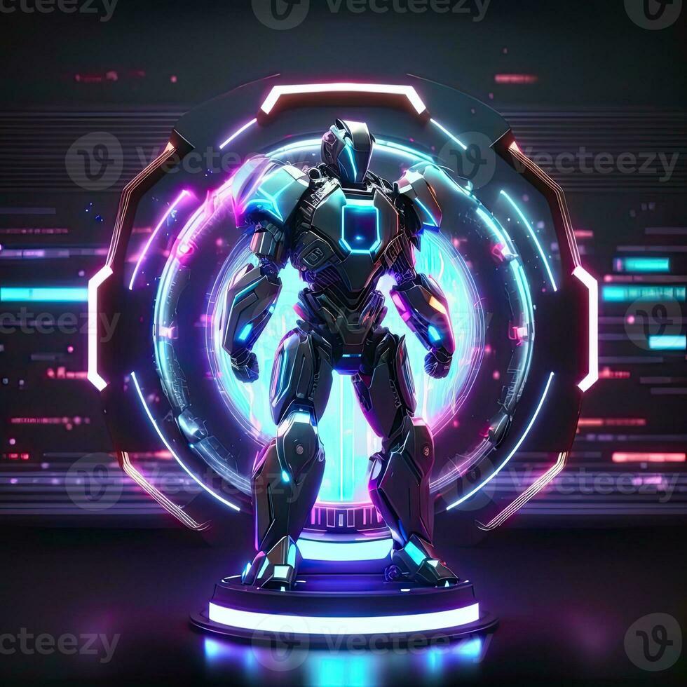 Roboter , Neon- Hightech Konzept, Sport Spiel von Cyberpunk Wissenschaft Fiktion, ein Szene Stand Sockel Bühne, Illustration, und futuristisch Neon- glühen. generativ ai foto