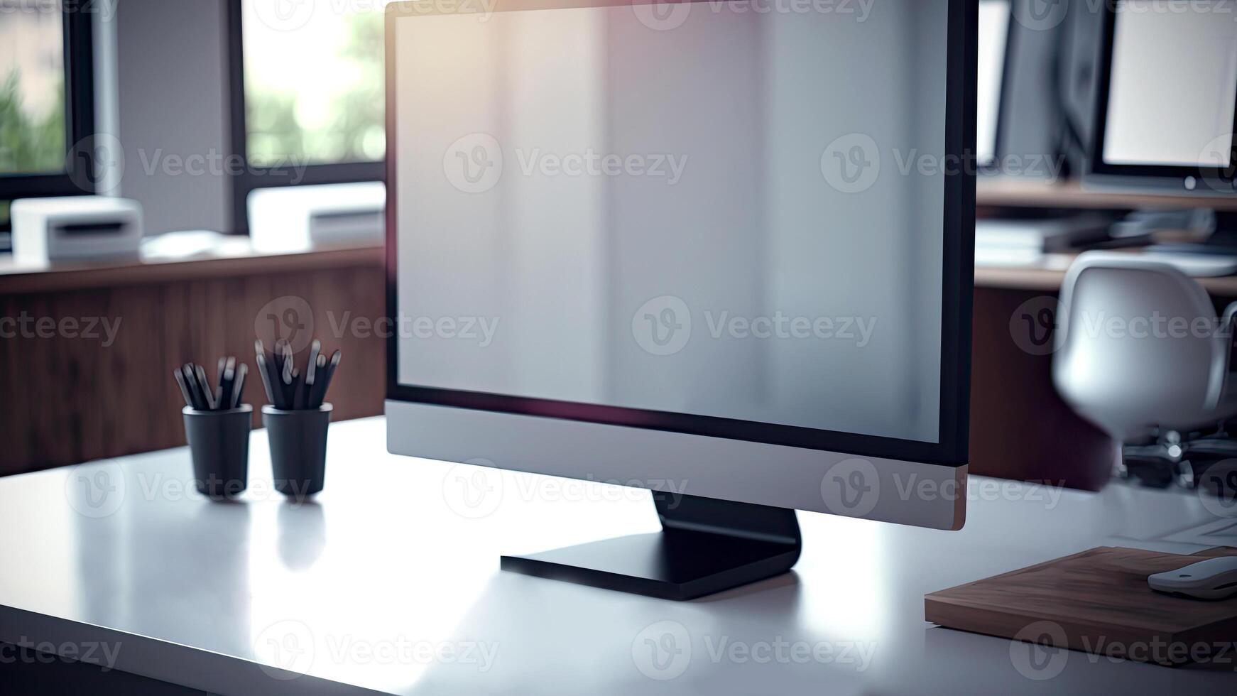 modern Büro Arbeitsplatz Innere mit Computer und Stift Halter auf Weiß Tabelle beim verwischen Zimmer. generativ ai Illustration. foto