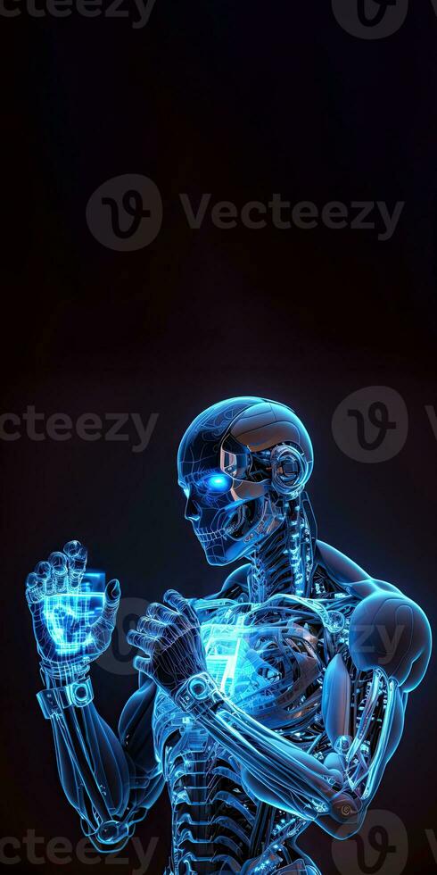 ein Cyborg 3d Illustration mit dramatisch futuristisch Blau Beleuchtung im ein Aktion Position. standee Banner Design mit Kopieren Raum. foto
