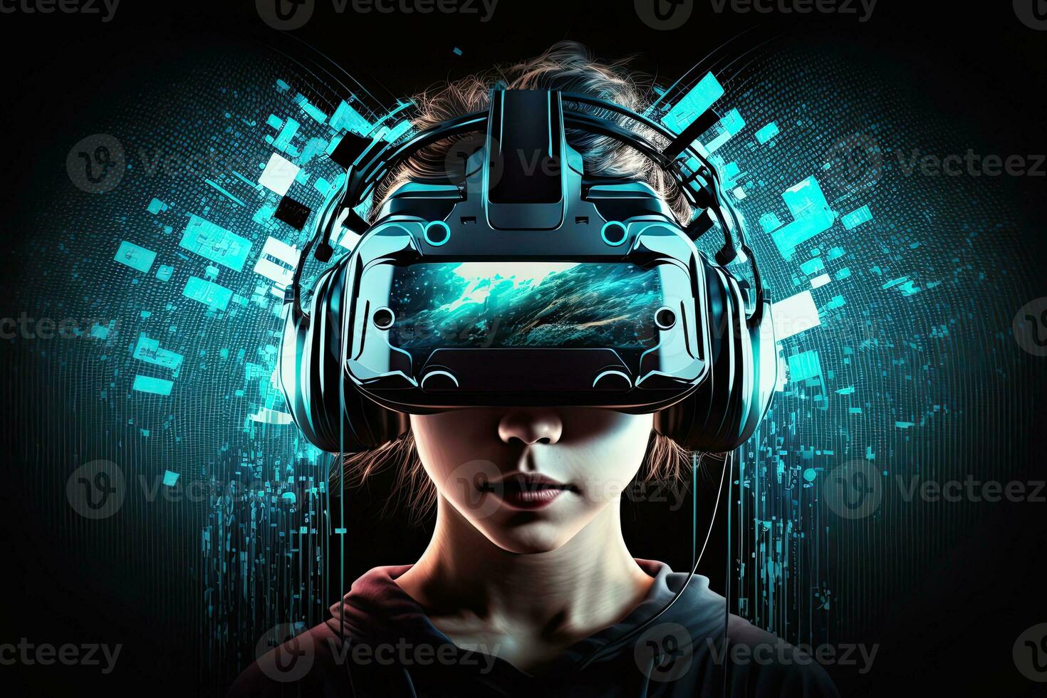 futuristisch Frau im virtuell Wirklichkeit Brille auf das Hintergrund von ein Neon- Stadt. Cyberpunk, Retrowelle, Synthesizer, hoch Definition, Kunst, generativ künstlich Intelligenz. foto