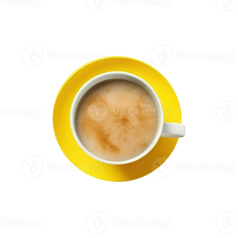 Overhead Aussicht von Milch Tee oder Kaffee Tasse mit Gelb Untertasse 3d Symbol foto