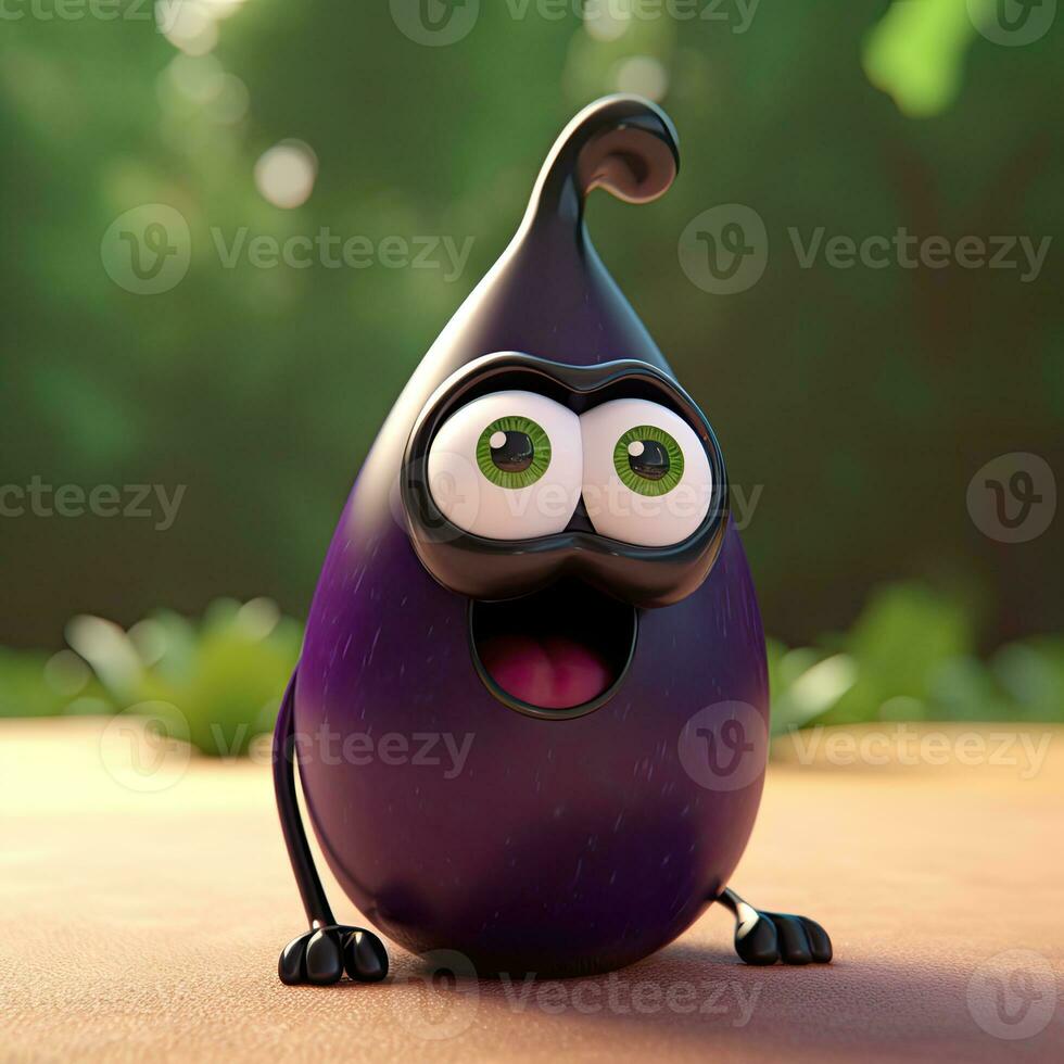 pixar Stil kichern Aubergine 3d Charakter auf glänzend Natur Hintergrund. Digital Illustration. foto