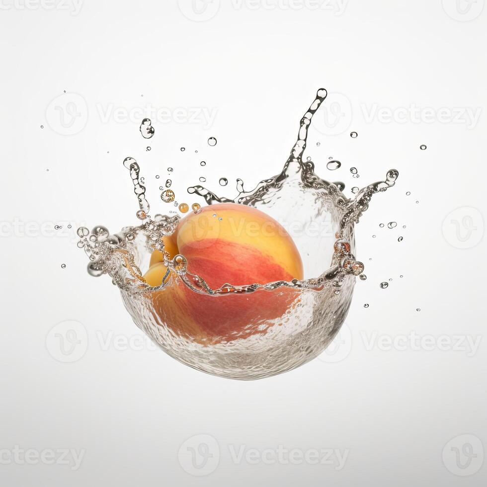 frisch Pfirsich Obst fallen in Mitte Wasser gegen Weiß Hintergrund. Essen Levitation, generativ ai. foto