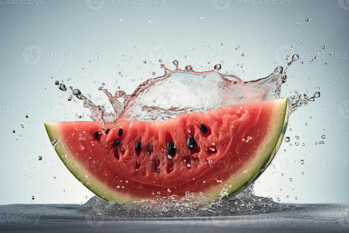 saftig frisch Wassermelone Scheibe planschen in Mitte Wasser gegen Weiß Hintergrund, generativ ai. foto