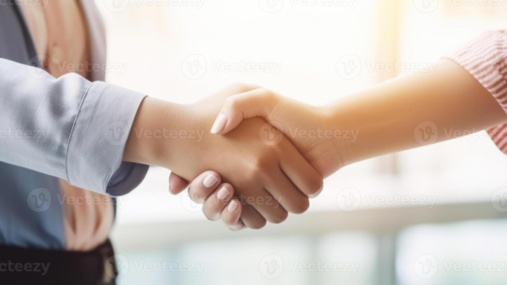Nahansicht Aussicht von freundlich oder beiläufig Handschlag zwischen zwei Frauen. generativ ai. foto