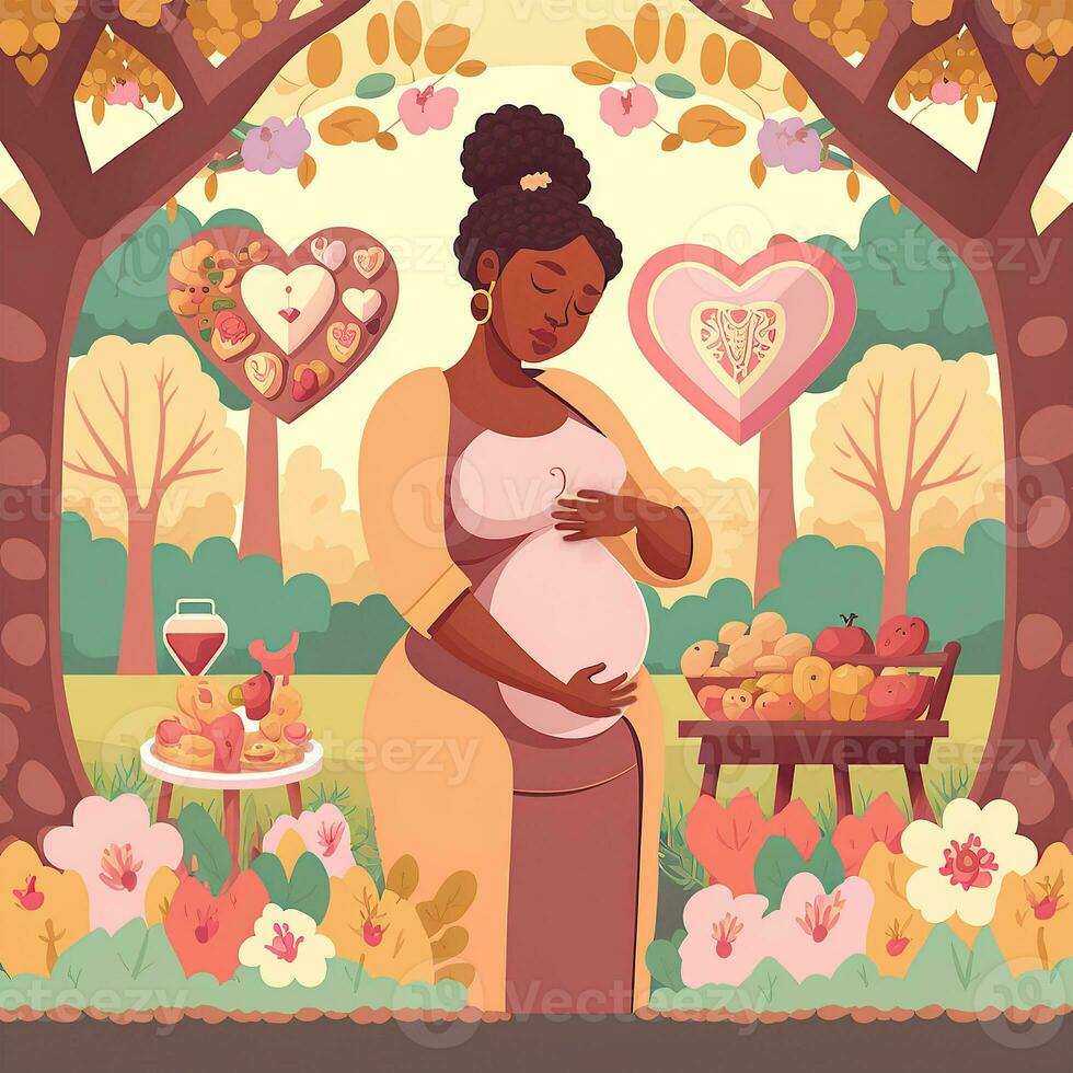 Porträt von afrikanisch schwanger Frau halten Herz Form, köstlich Lebensmittel auf Garten Hintergrund. Konzept von Schwangerschaft, Elternschaft, Mütter Tag. erstellt durch generativ ai Technologie. foto