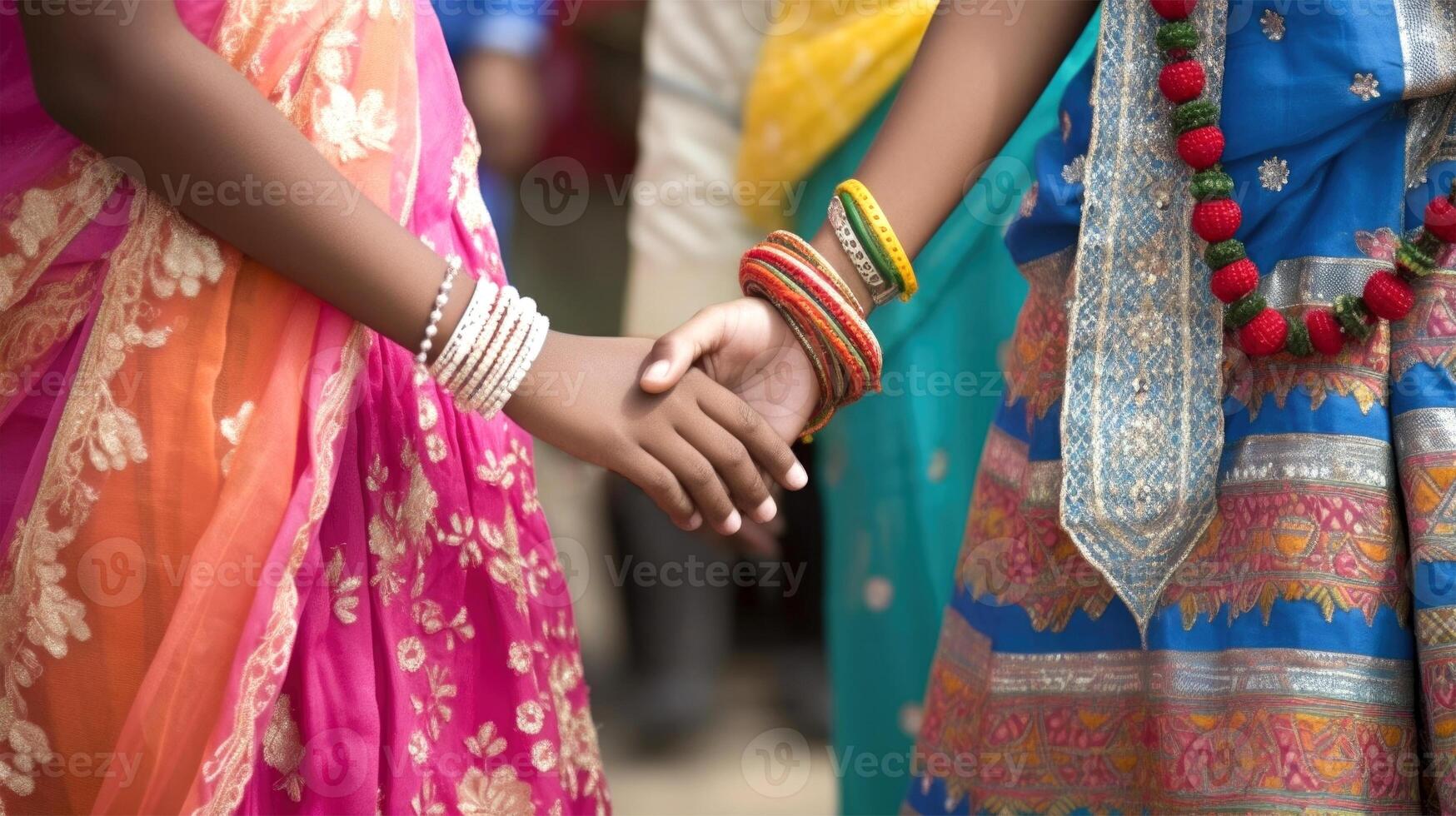 abgeschnitten Bild von freundlich oder beiläufig Handschlag zwischen multikulturell Frauen im ihr traditionell Kleidung. generativ ai. foto