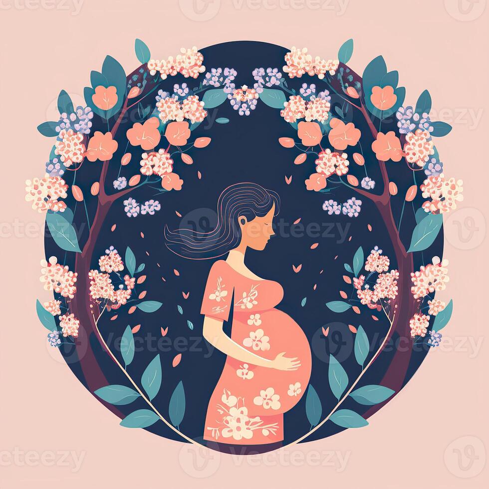 ein schön Bild von jung schwanger Dame beim bunt Blumen- kreisförmig Rahmen oder Hintergrund. generativ ai. foto
