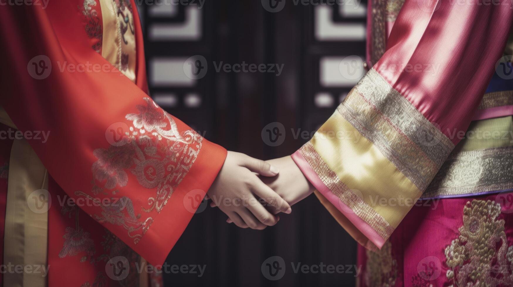 abgeschnitten Bild von Chinesisch Frauen halten Hände im ihr traditionell Kleidung. foto