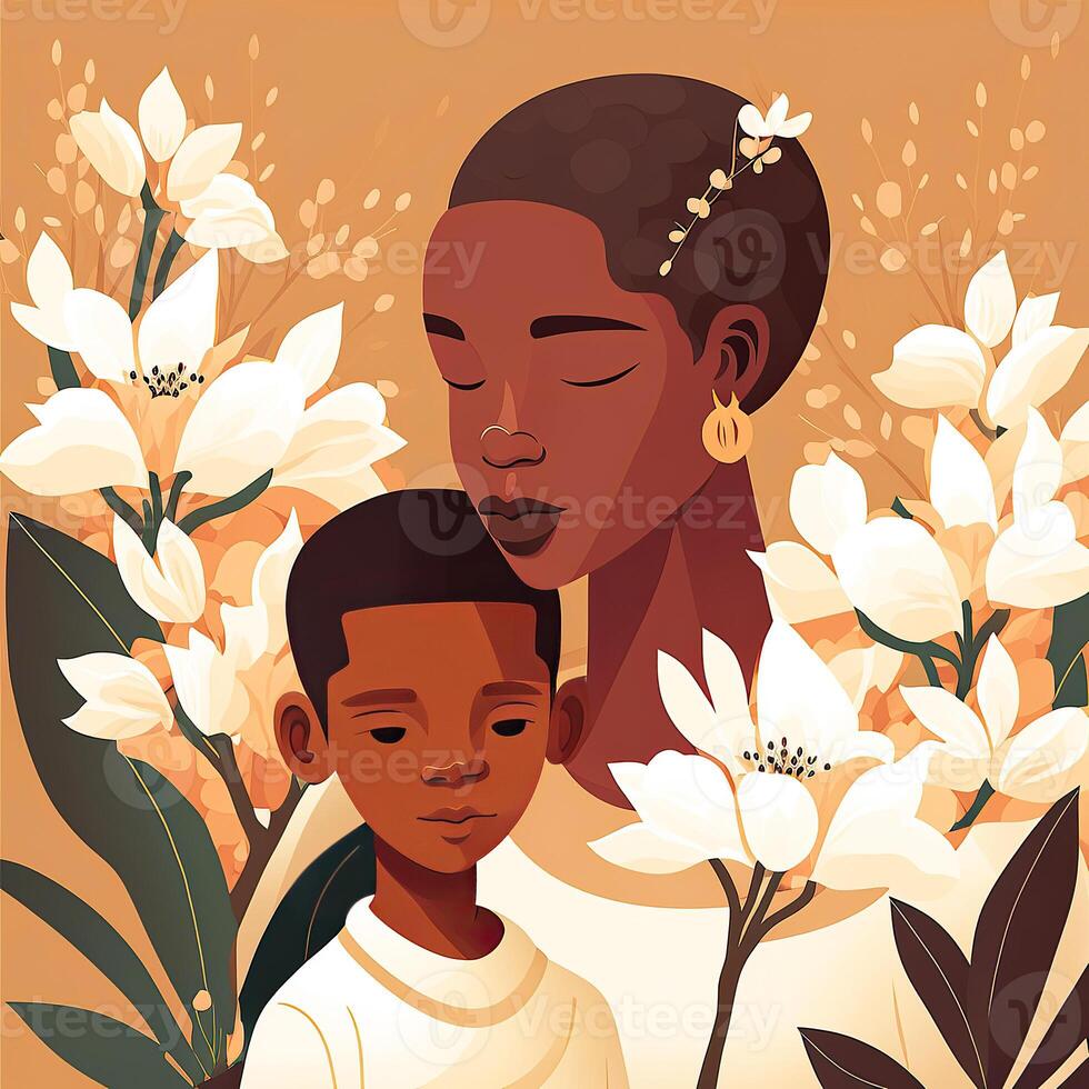 Illustration von afrikanisch jung Frau mit ihr Sohn Charakter, schön Blumen- dekoriert auf Hintergrund. Konzept von Mütter Tag, Beziehung zwischen Mutter und Kind. generativ ai. foto