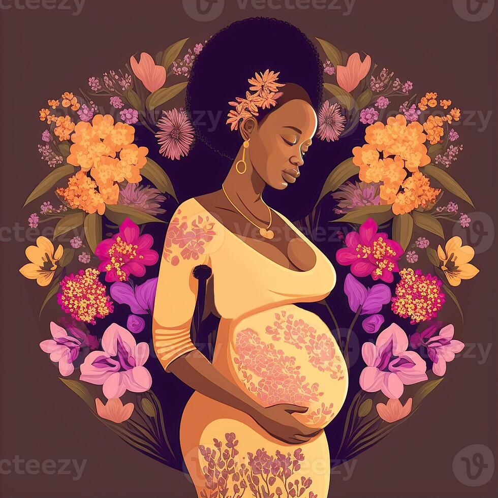 Porträt von afrikanisch schwanger Frau berühren ihr Bauch, Blumen- dekoriert auf Hintergrund. Konzept von Schwangerschaft, Elternschaft, Mütter Tag. erstellt durch generativ ai Technologie. foto