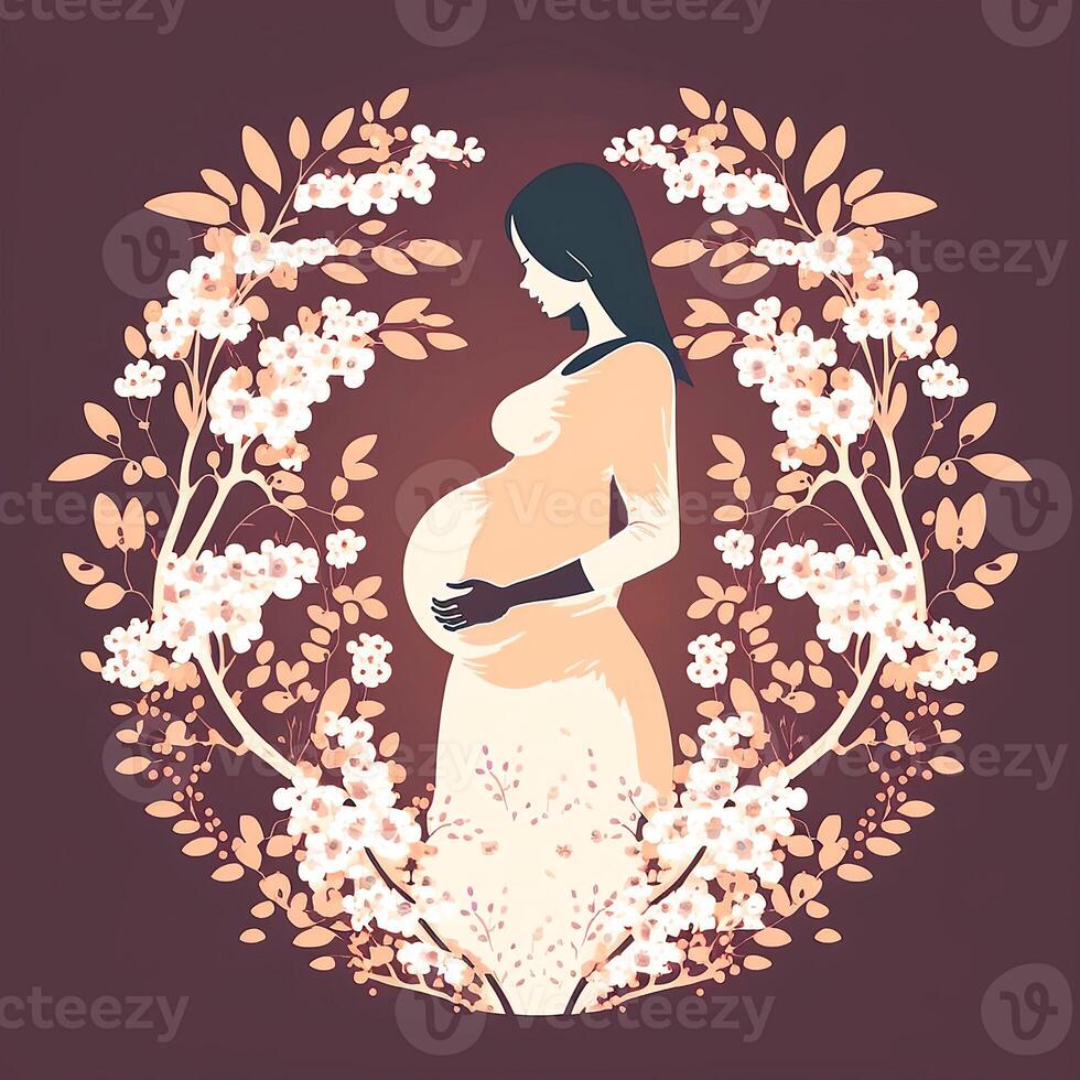 Porträt von schwanger Frau berühren ihr Bauch, Blumen- dekoriert auf Hintergrund. Konzept von Schwangerschaft, Elternschaft, Mütter Tag. erstellt durch generativ ai Technologie. foto