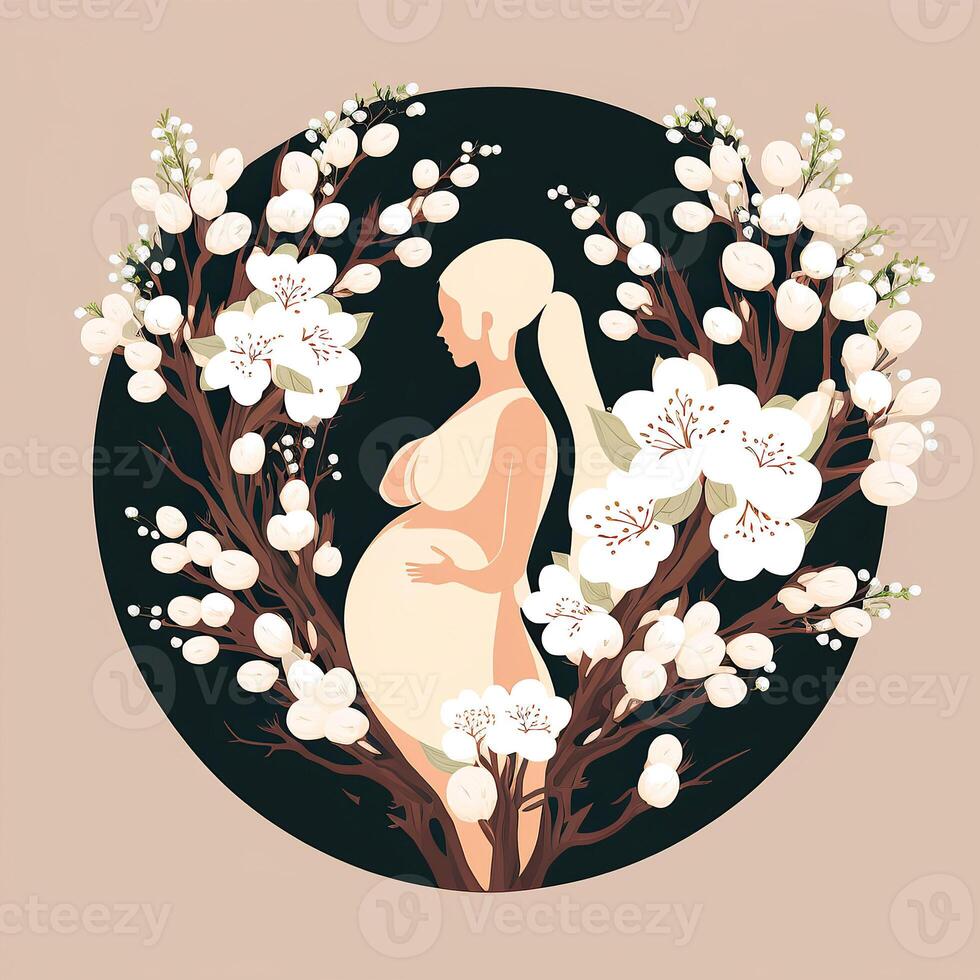 Porträt von schwanger Frau berühren ihr Bauch, Blumen- dekoriert auf Hintergrund. Konzept von Schwangerschaft, Elternschaft, Mütter Tag. erstellt durch generativ ai Technologie. foto