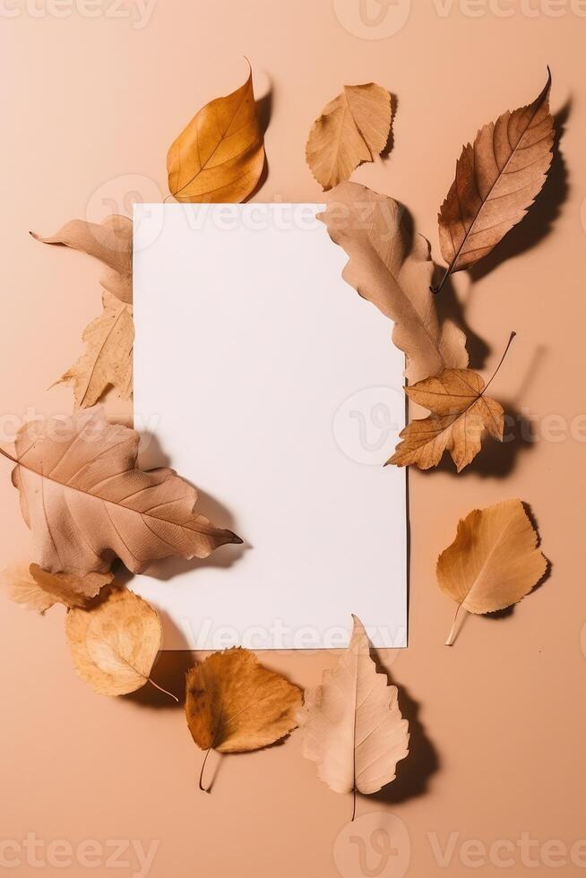 leer Weiß Papier und Herbst Blätter auf Pfirsich Hintergrund. generativ ai. foto