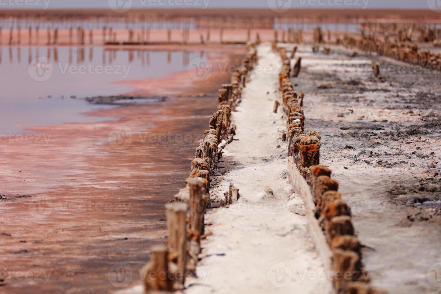 Ein fantastischer rosa Salzsee mit Salzkristallen auf Holzsäulen foto