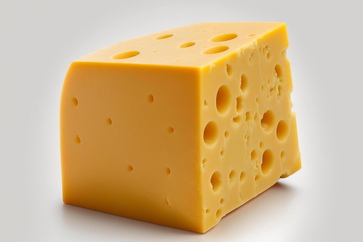köstlich Stück von Cheddar Käse ohne Verpackung auf Weiß Hintergrund. emmental Käse Keil. schweizerisch, Italienisch Molkerei frisch organisch Produkt. zum Käse Festival Essen oder Welt Käse Tag durch ai generiert foto