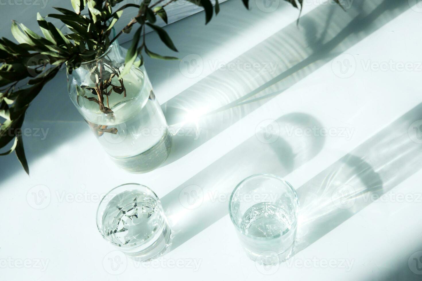 ein Glas Vase mit ein Grün Pflanze und zwei Brille von Wasser auf ein Weiß Tisch. foto