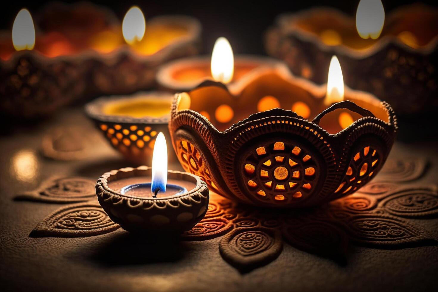 glücklich Diwali oder Deepavali traditionell indisch Festival mit Lehm Diya Öl Lampe. indisch Hindu Festival von Licht Symbol mit Kerze und Licht. Lehm Diya Lampe zündete während Diwali Feier durch ai generiert foto