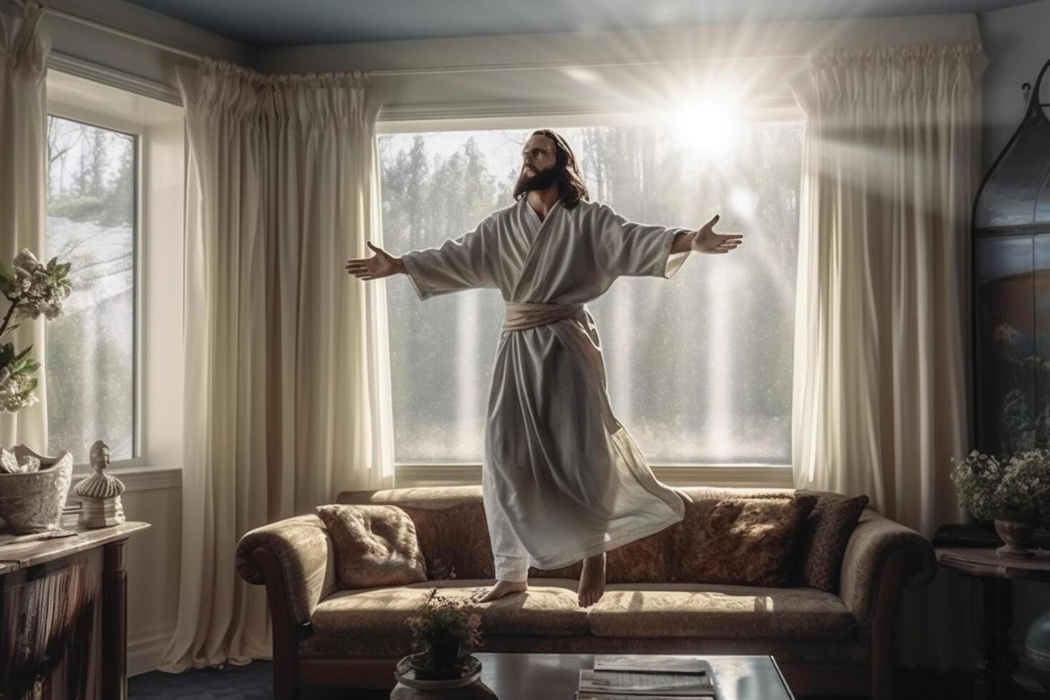 Aufstieg Tag von Jesus Christus oder Auferstehung Tag von Sohn von Gott. gut Freitag. Aufstieg Tag Konzept im Leben Zimmer durch ai generiert foto