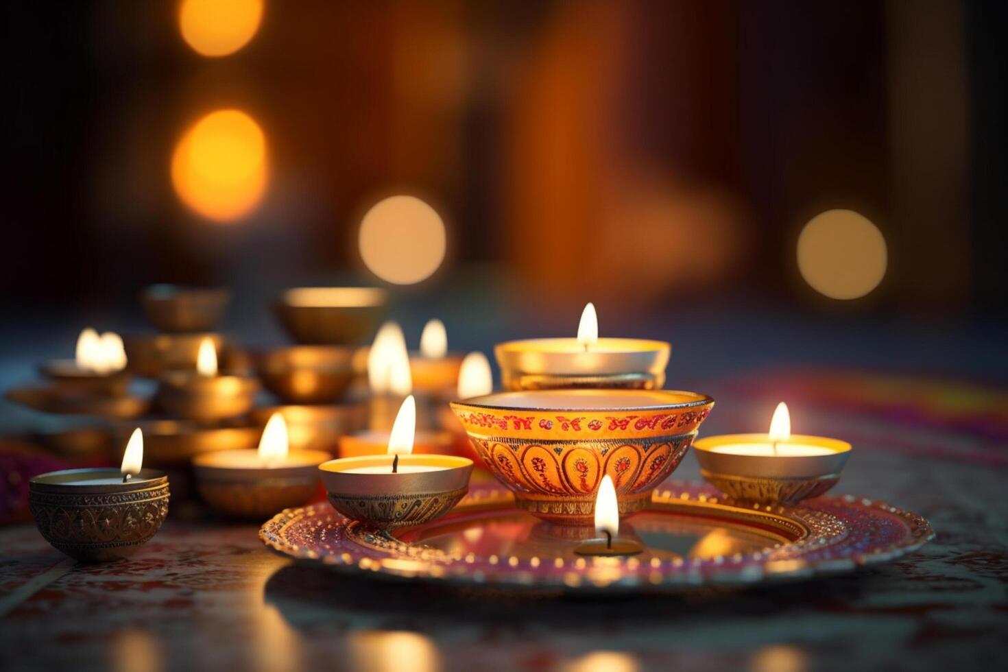 glücklich Diwali oder Deepavali traditionell indisch Festival mit Lehm Diya Öl Lampe. indisch Hindu Festival von Licht Symbol mit Kerze und Licht. Lehm Diya Lampe zündete während Diwali Feier durch ai generiert foto