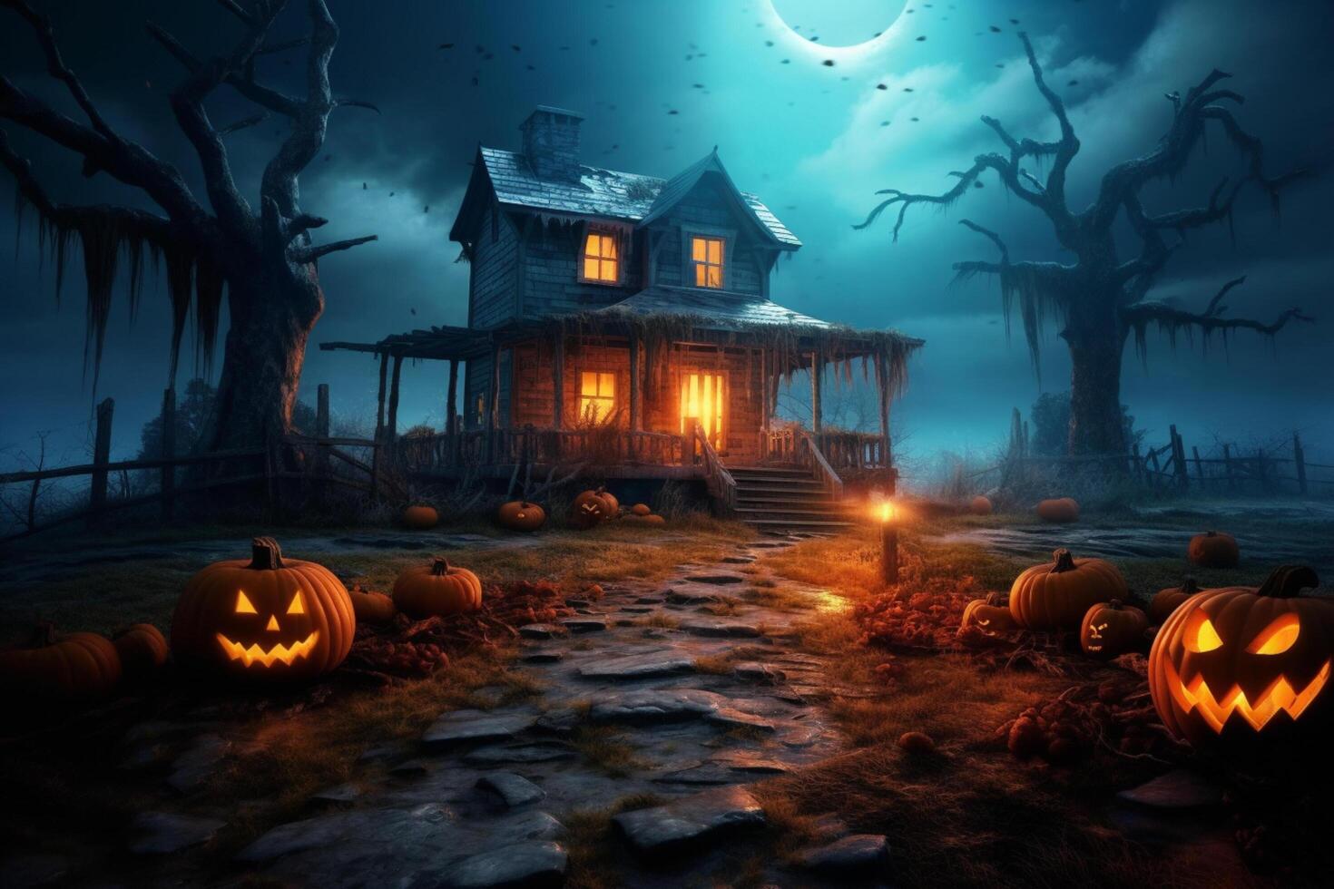 verfolgt Haus auf Halloween Feier Konzept. gespenstisch Haus Halloween Hintergrund mit verlassen Gebäude und Kürbis. unheimlich Haus mit gruselig Gebäude beim Nacht durch ai generiert foto