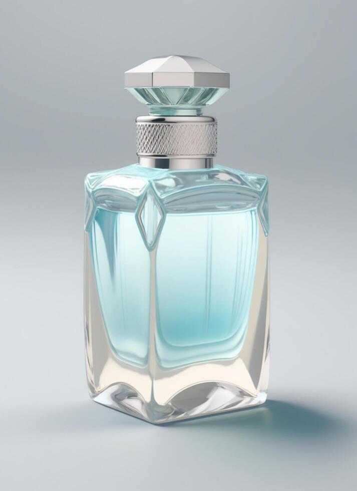 ein hoch Klasse Flasche von Glas Parfüm mit Licht Blau flüssig. aromatisch Parfüm Flaschen auf Weiß Hintergrund. Schönheit Produkt, Kosmetik, Parfüm Tag, Duft Tag oder Parfüm starten Veranstaltung durch ai generiert foto
