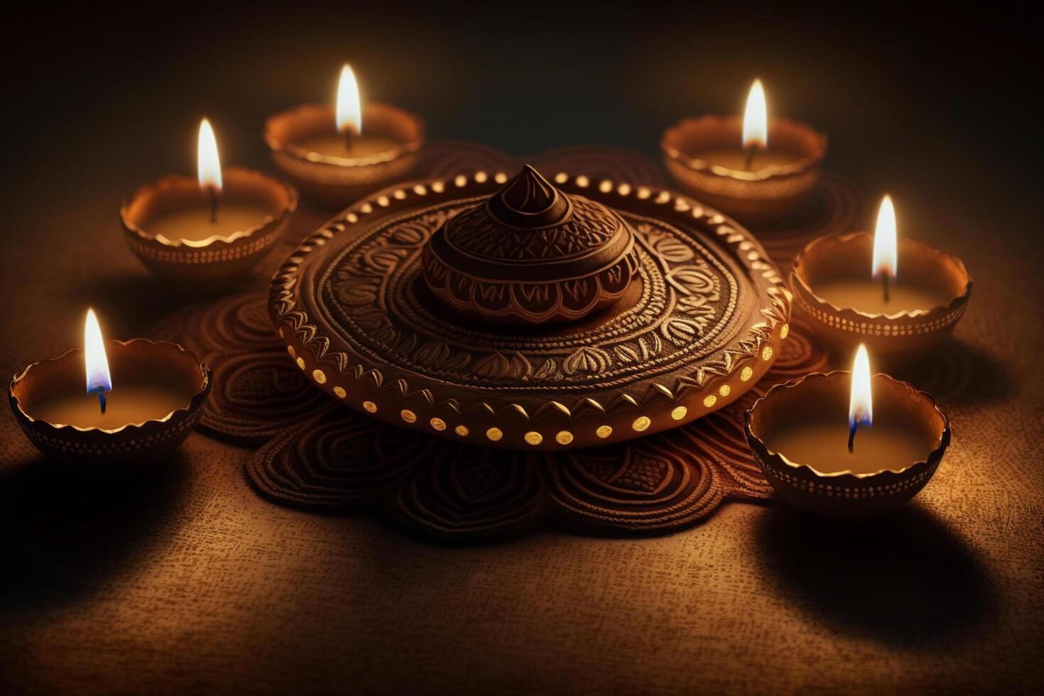 glücklich Diwali oder Deepavali traditionell indisch Festival mit Lehm Diya Öl Lampe. indisch Hindu Festival von Licht Symbol mit Kerze und Licht. Lehm Diya Lampe zündete während Diwali Feier durch ai generiert foto