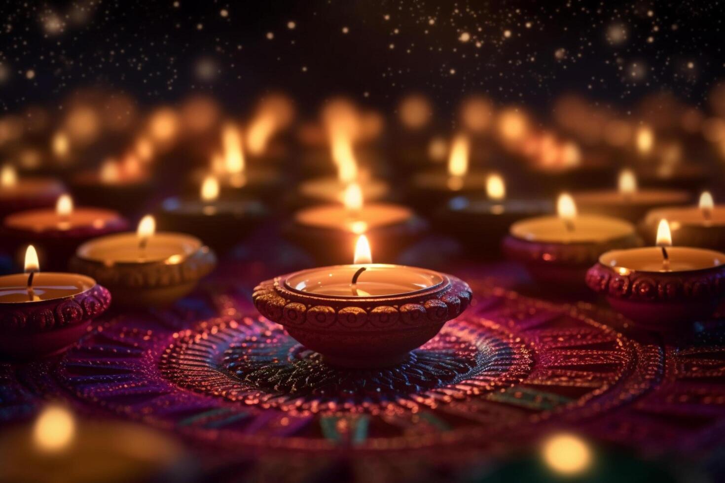 glücklich Diwali oder Deepavali traditionell indisch Festival mit Lehm Diya Öl Lampe. indisch Hindu Festival von Licht Symbol mit Kerze und Licht. Lehm Diya Lampe zündete während Diwali Feier durch ai generiert foto