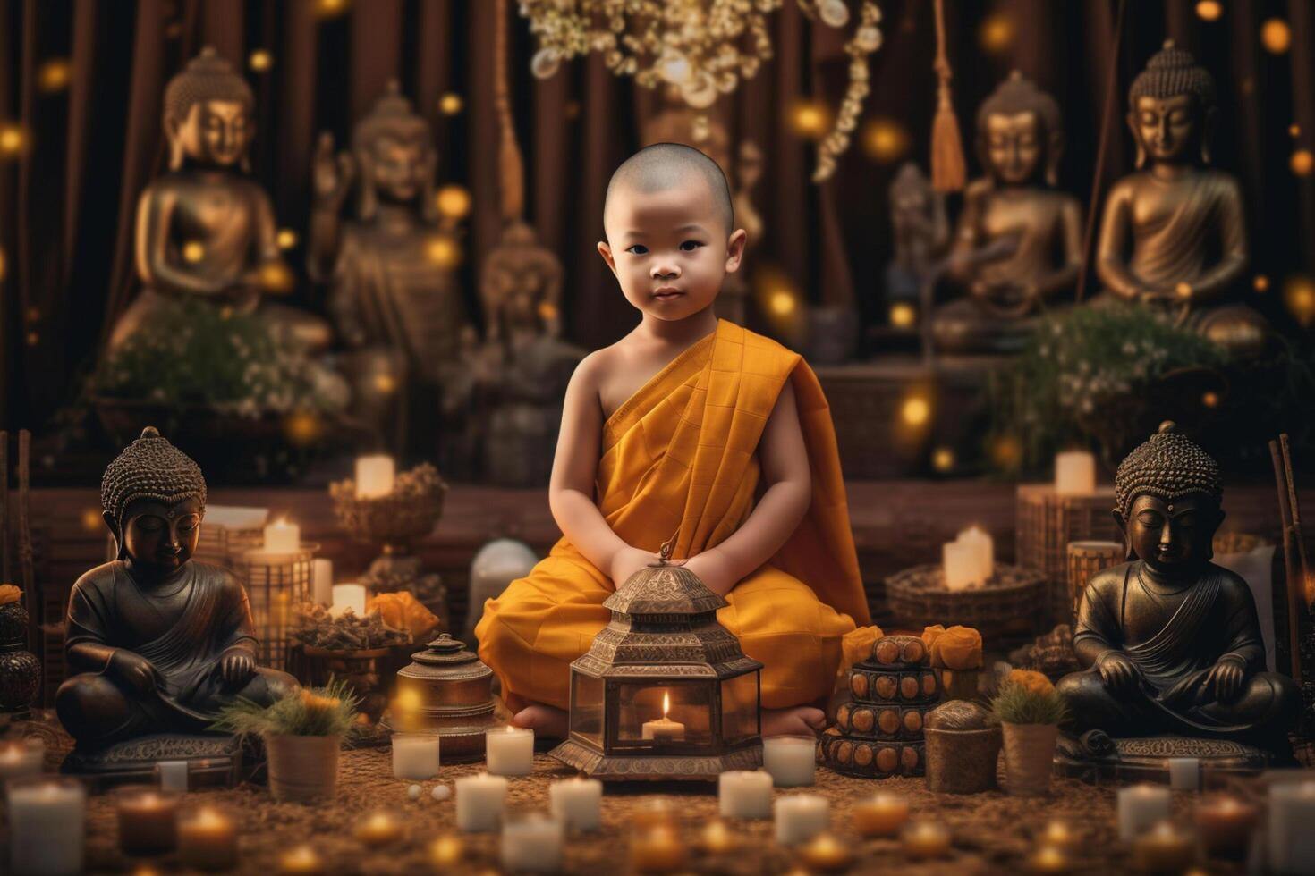 ein jung Buddha sitzt im ein Garten mit ein Lotus und Kerzen. Hintergrund zum vesak Festival Feier. vesak Tag Konzept. vesak Feier Tag Schöne Grüße durch ai generiert foto