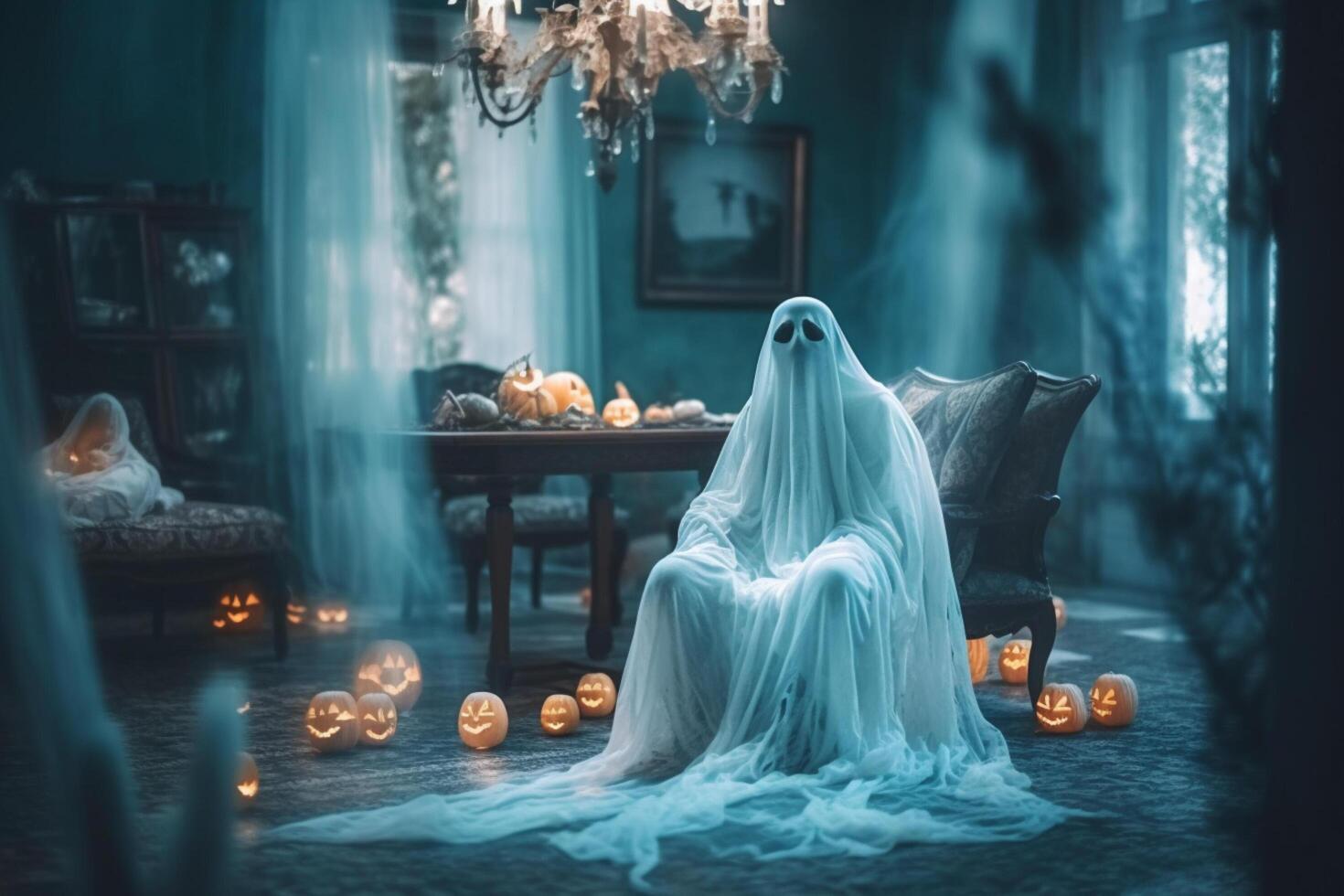 Mensch im gespenstisch Geister Kostüm fliegend Innerhalb das alt Haus oder Wald beim Nacht. gespenstisch Halloween Hintergrund mit Geist. Geist auf Halloween Feier Konzept durch ai generiert foto