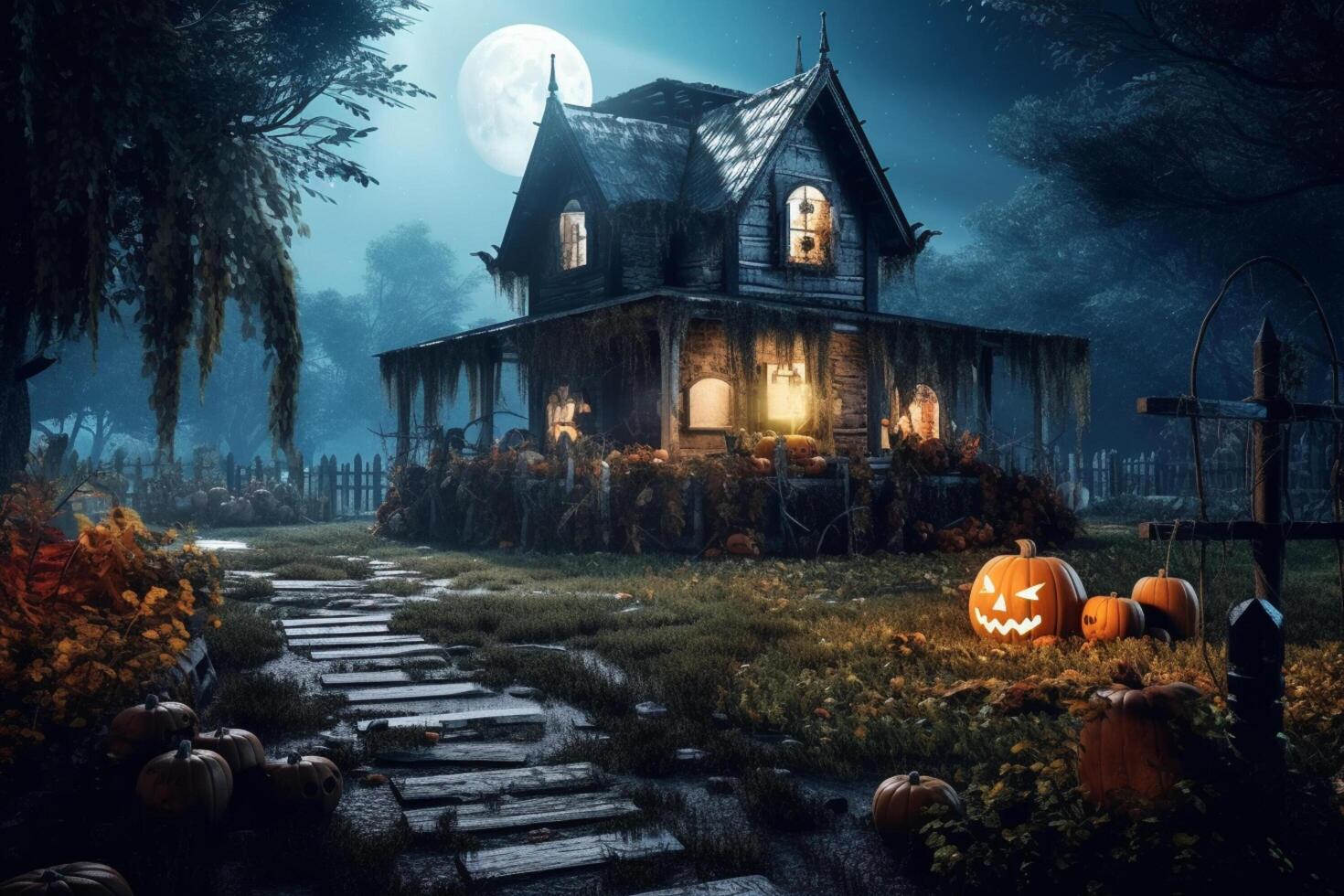 verfolgt Haus auf Halloween Feier Konzept. gespenstisch Haus Halloween Hintergrund mit verlassen Gebäude und Kürbis. unheimlich Haus mit gruselig Gebäude beim Nacht durch ai generiert foto