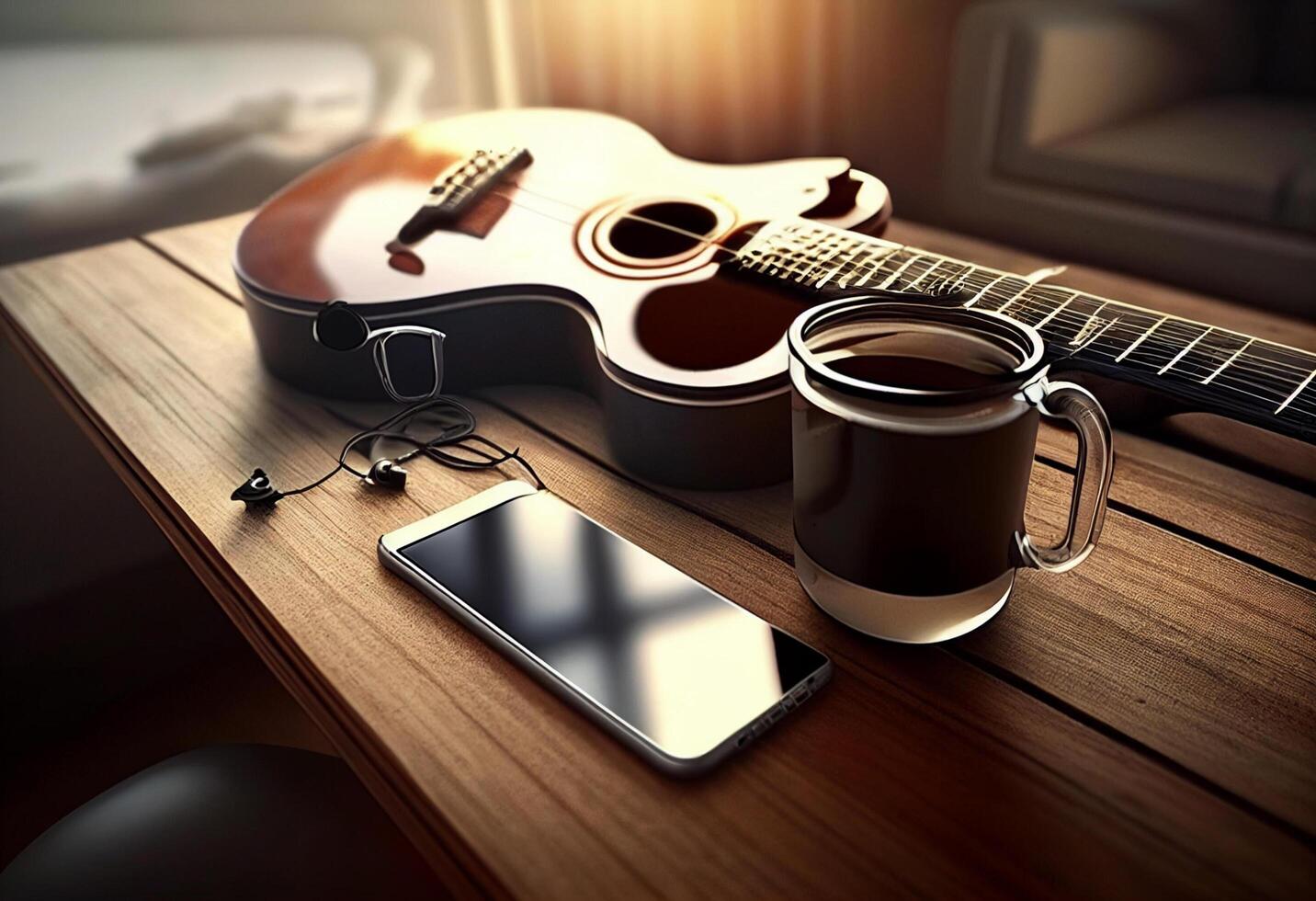 Foto Musik- Objekte mit Gitarre, Gadget und Kaffee auf das Tabelle im klassisch Stil. schön elektrisch Gitarre auf mit Kopfhörer und Desktop Musical Kreativität Konzept. Welt Musik- Tag durch ai generiert