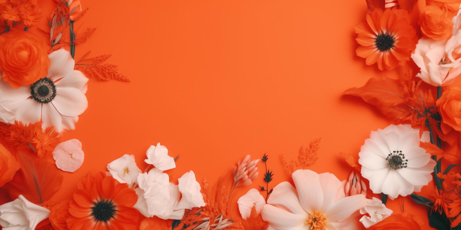 Blüten im Orange Weiß und Orange Blumen auf ein Orange Hintergrund ai generiert foto