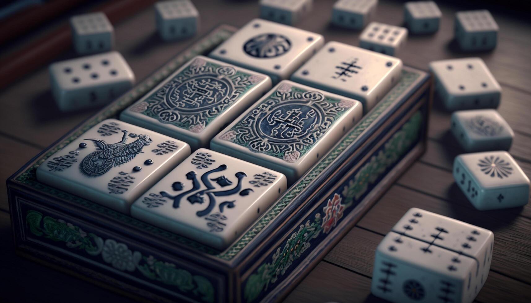 bunt Chinesisch Mahjong einstellen mit Fliesen, Würfel und Zähler auf Tabelle ai generiert foto