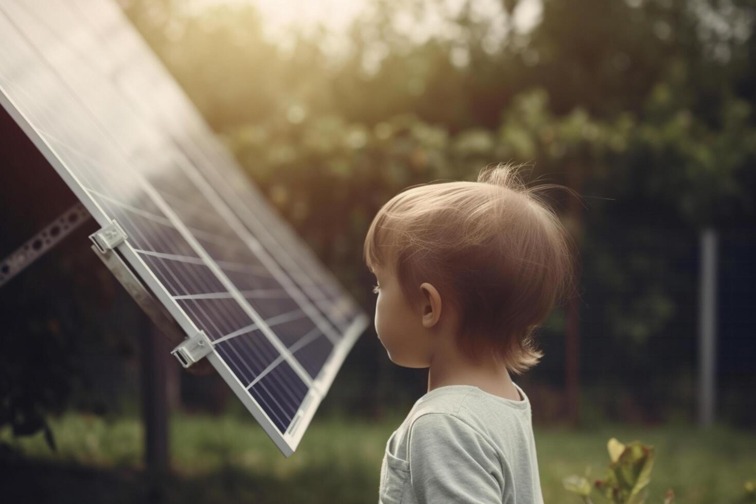 wenig Kind Stehen durch Solar- Panel mit Grün Bokeh Hintergrund und Sonne Strahlen ai generiert foto