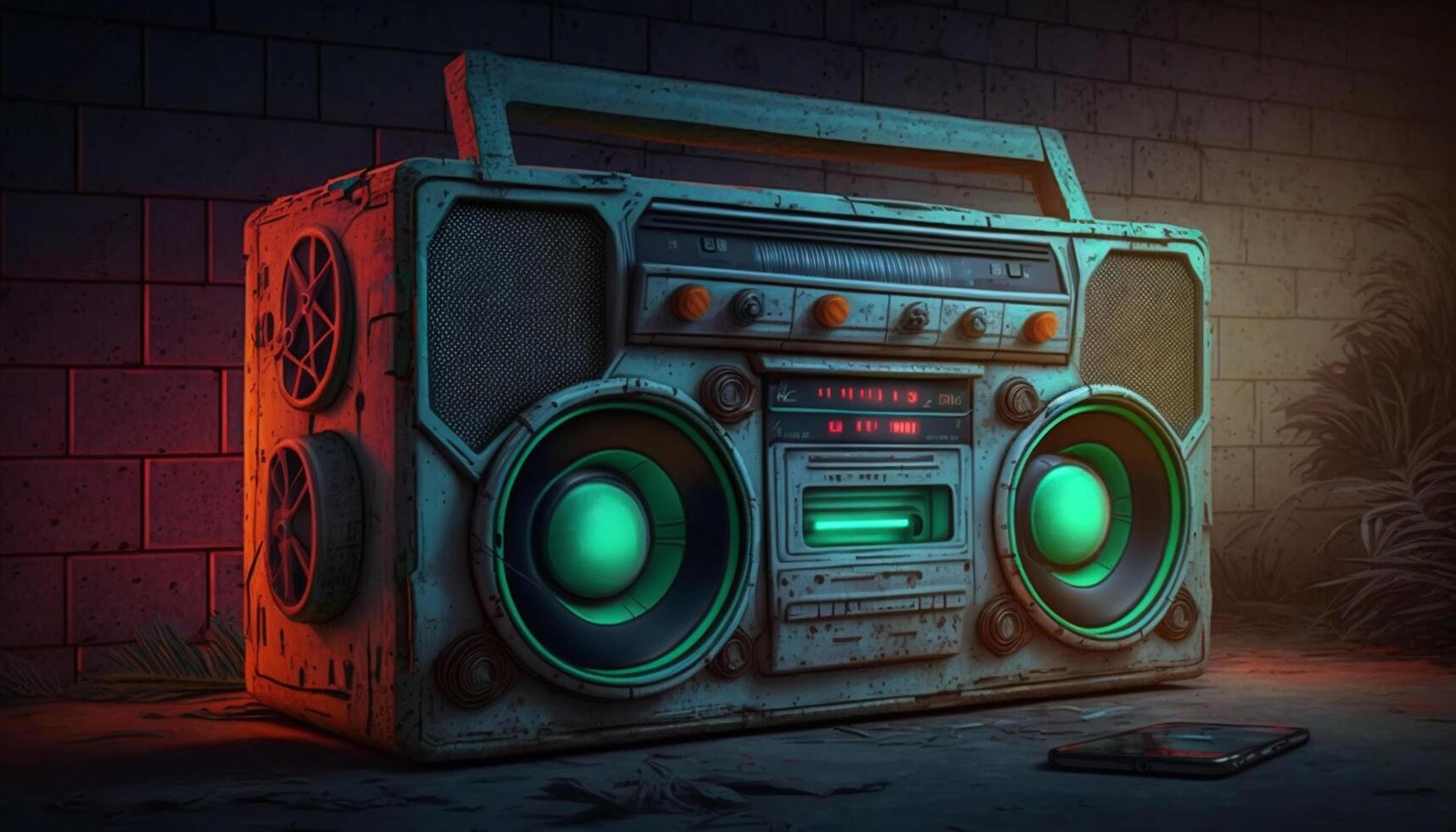 sprengen von das Vergangenheit 80er Jahre Ghetto Blaster im Neon- Farben ai generiert foto