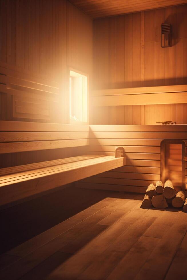 strahlend Sauna ein heiter Flucht mit Sonnenstrahlen und warm Holz ai generiert foto