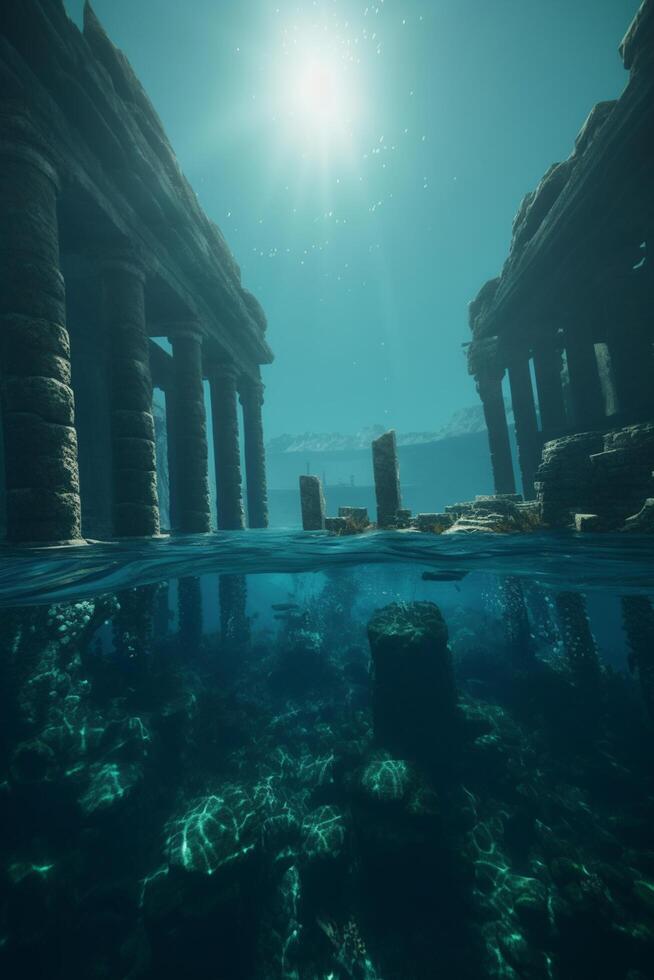 das mystisch versunken Stadt ein halb untergetaucht Aussicht von atlantis im Kristall Blau Wasser ai generiert foto