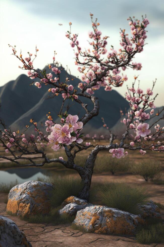 heiter Chinesisch Landschaft mit Rosa blühen Pfirsich Baum ai generiert foto