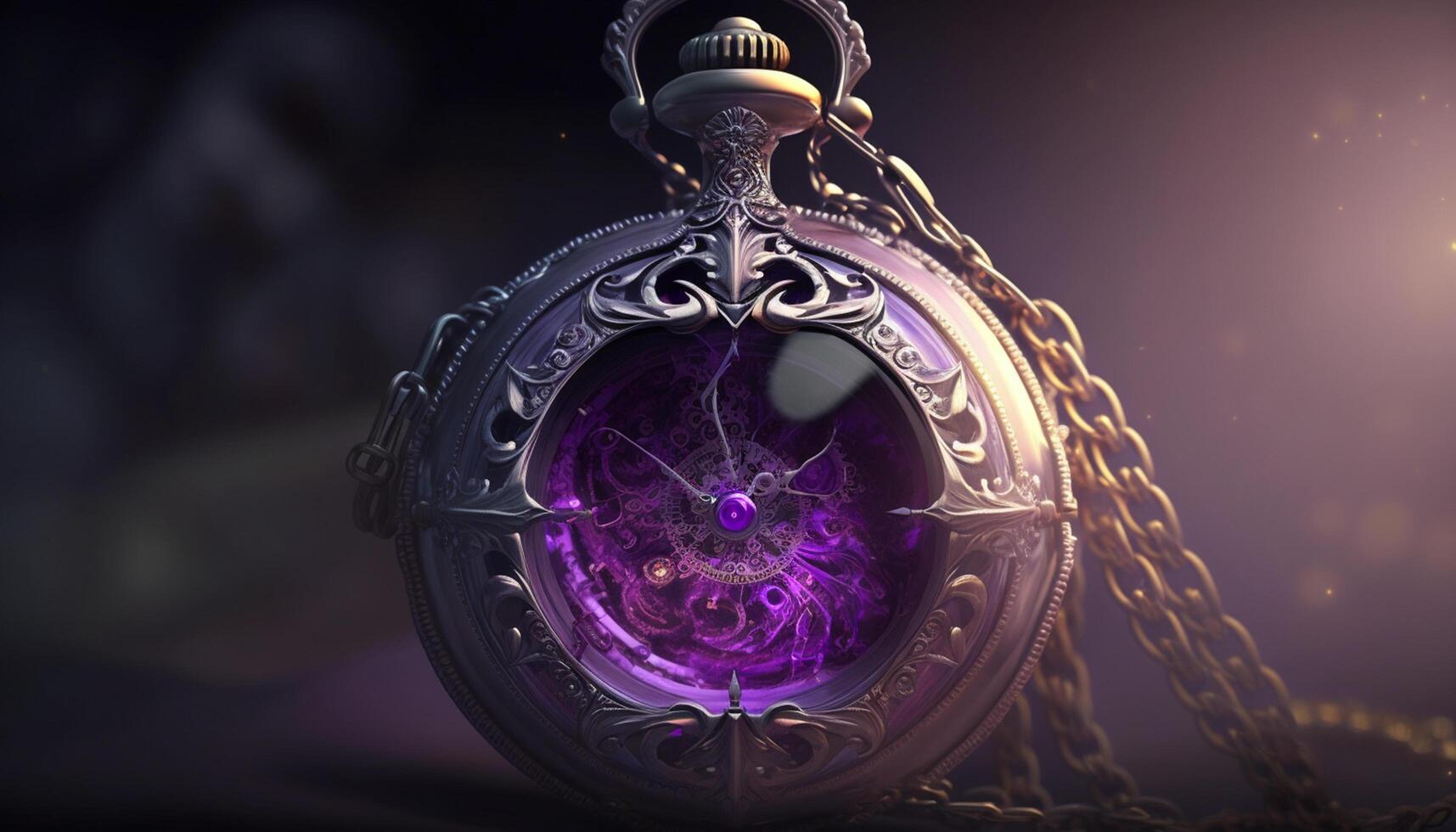 chronometrisch Portal mystisch glühend Tasche Uhr mit kosmisch wirbelt ai generiert foto