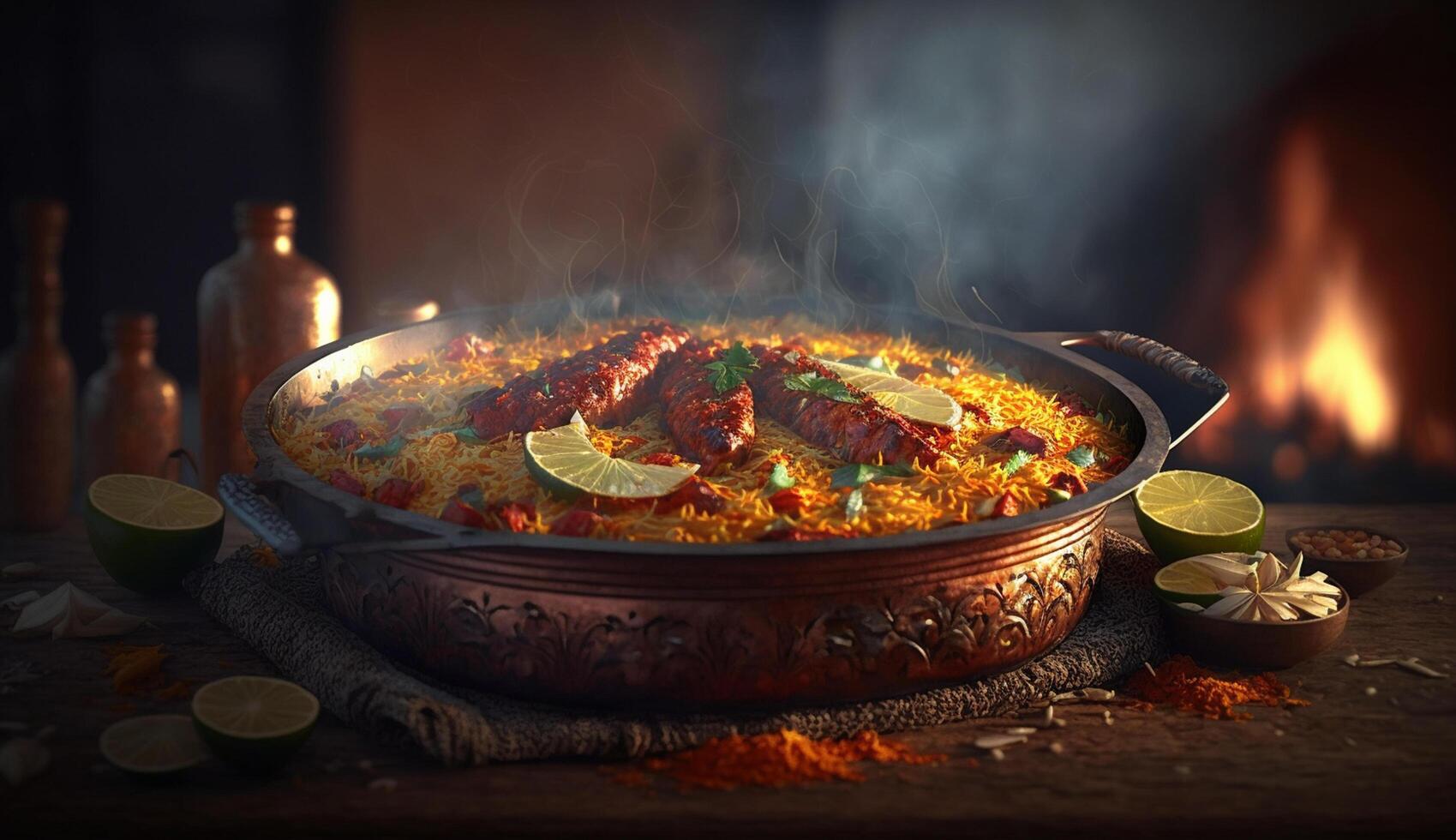 genießen das Aroma und Geschmack von Indien mit Biryani ein köstlich Gericht serviert dampfend gegen ein dunkel Hintergrund ai generiert foto