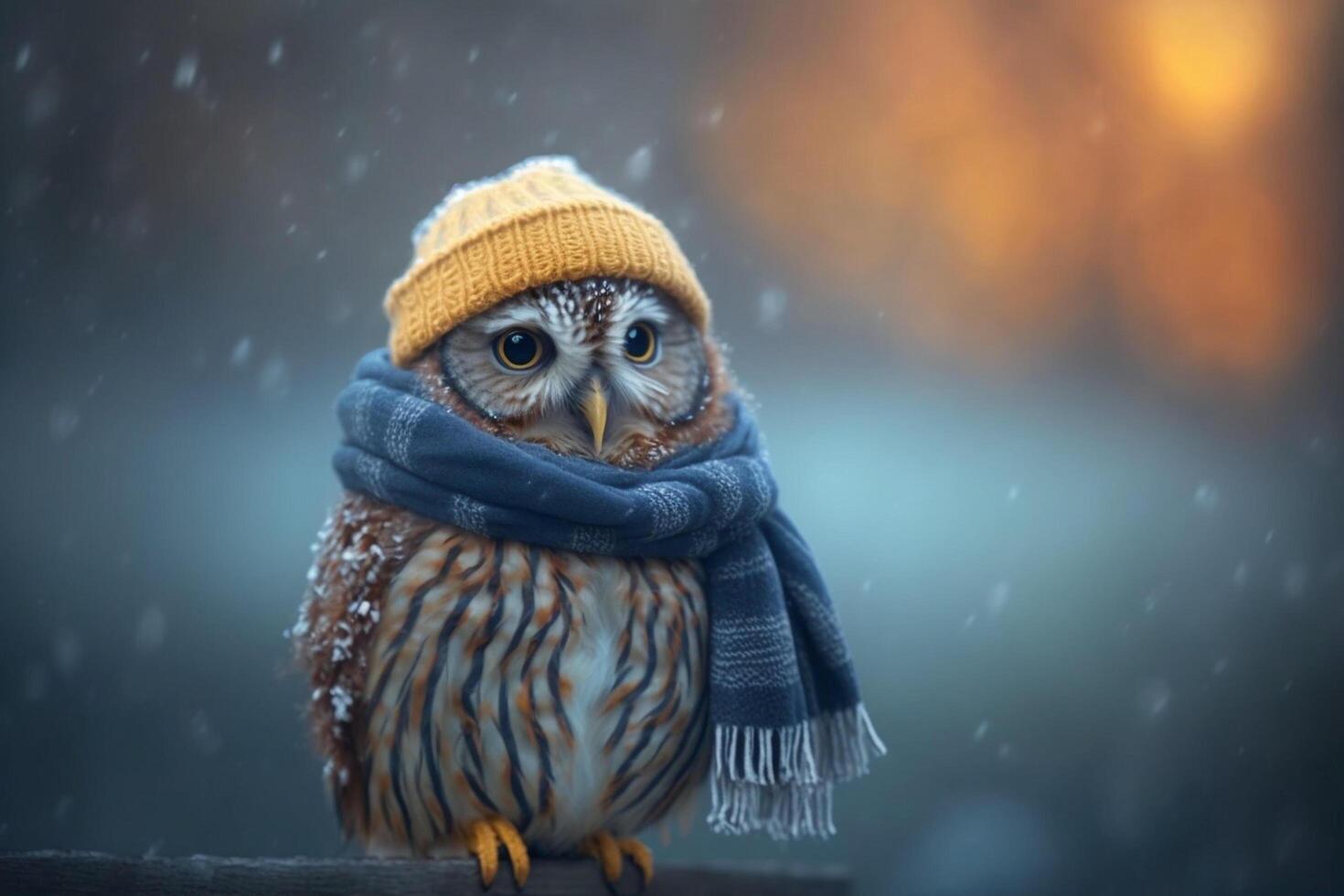 Eule mit Schal und Hut im kalt Winter ai generiert foto
