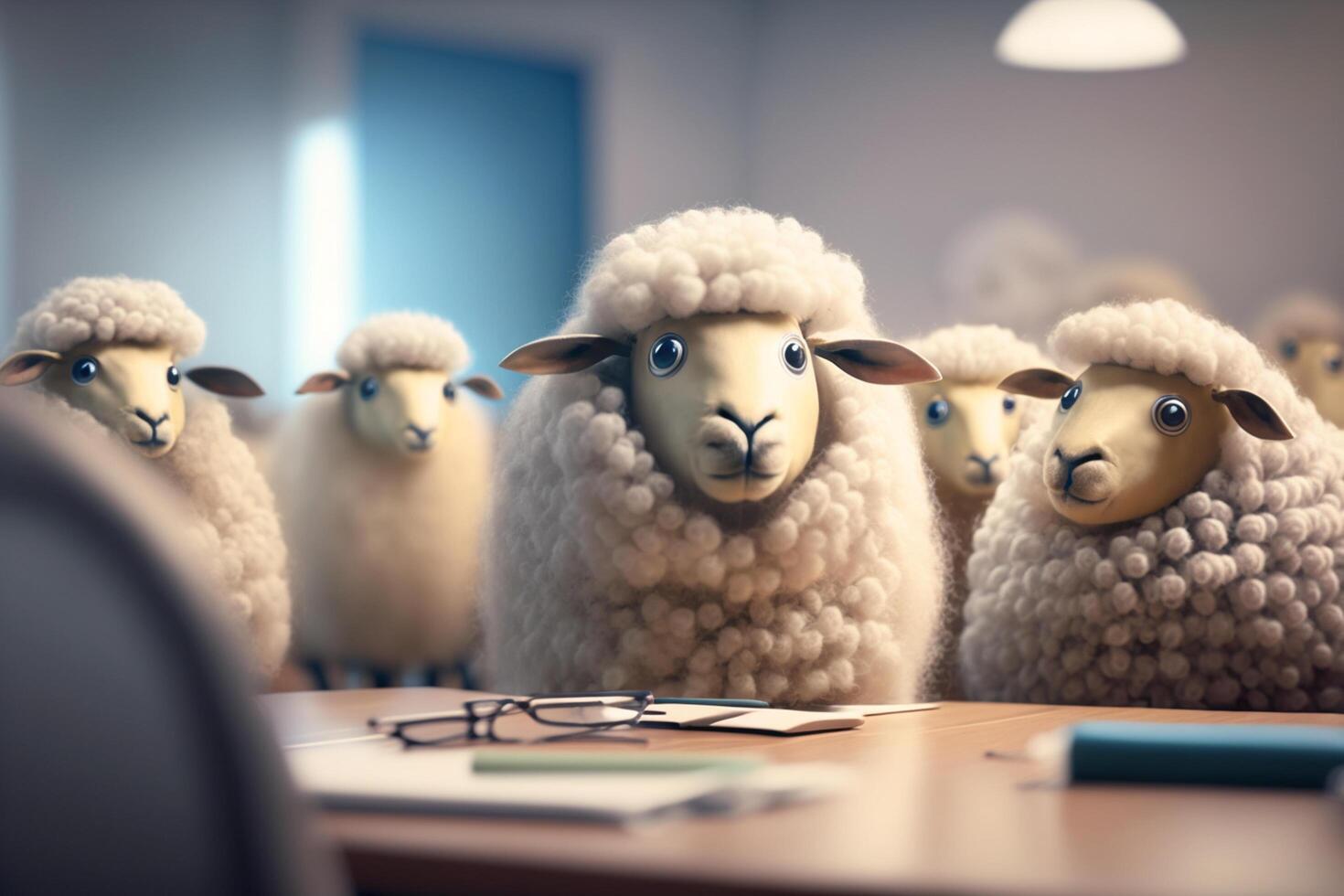 Schaf nehmen Über das Büro ein Herde von Schaf im Vorderseite von ein Schreibtisch ai generiert foto