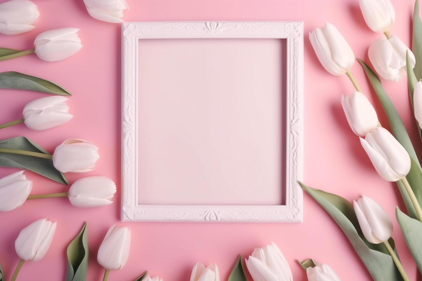 leeren Weiß Bild Rahmen mit Rosa Tulpen auf ein Rosa Hintergrund ai generiert foto