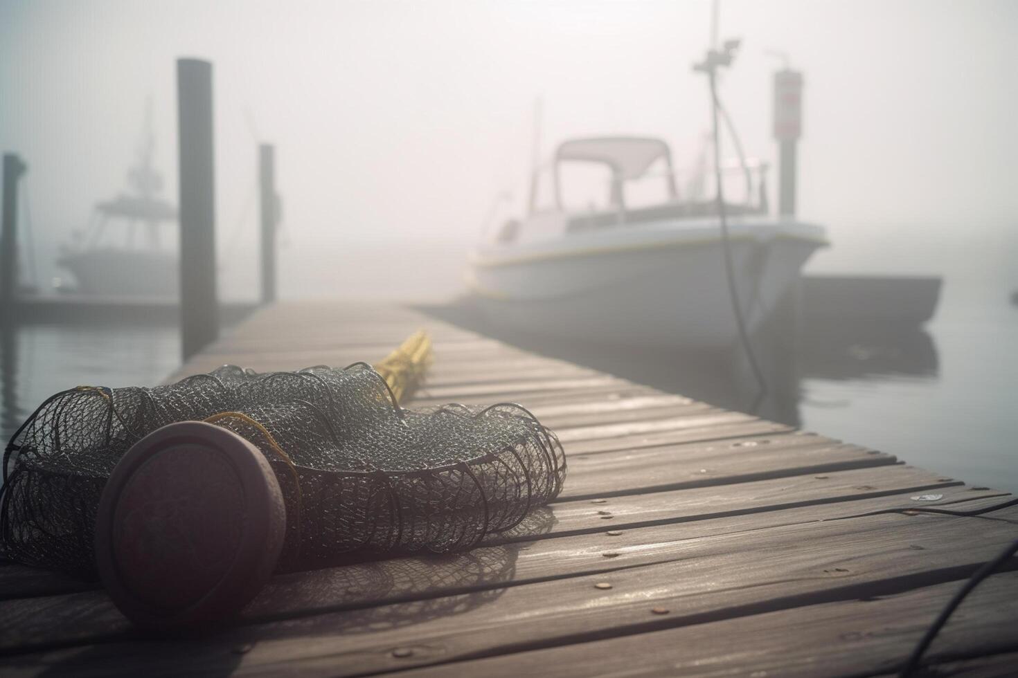 neblig Morgen auf das Seebrücke Angeln Ausrüstung und Boote ai generiert foto