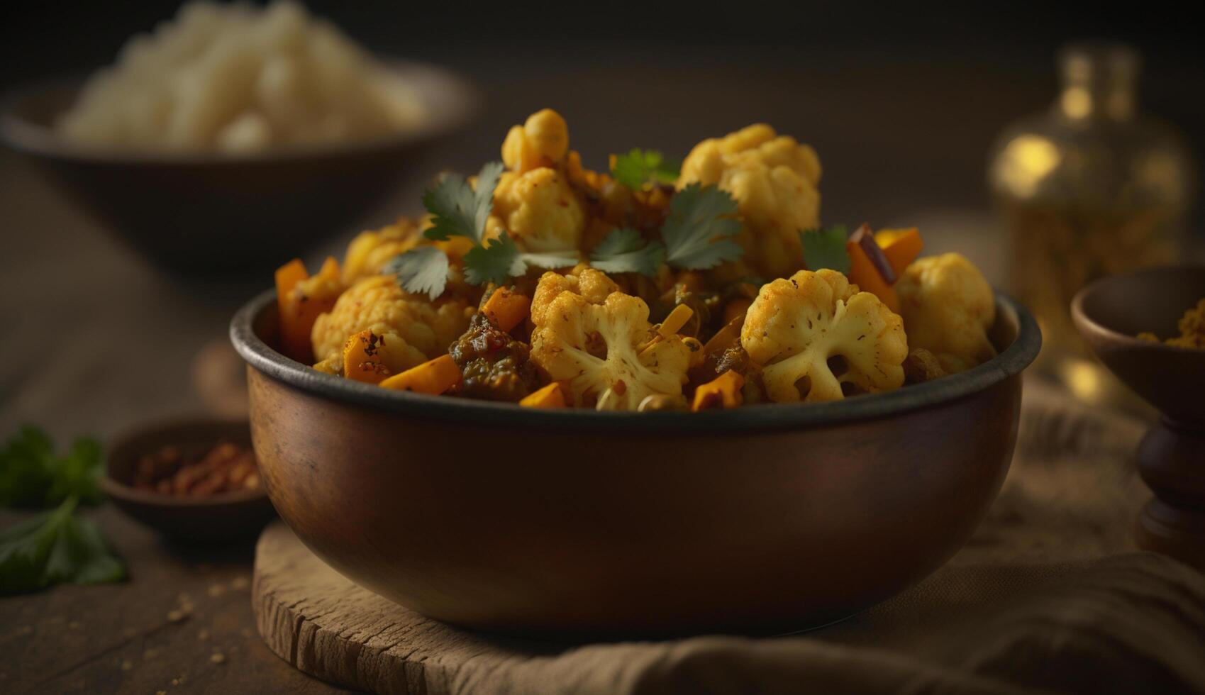 aloo gobi traditionell indisch Gericht serviert dämpfen im ein Lehm Schüssel auf ein dunkel hölzern Tabelle ai generiert foto