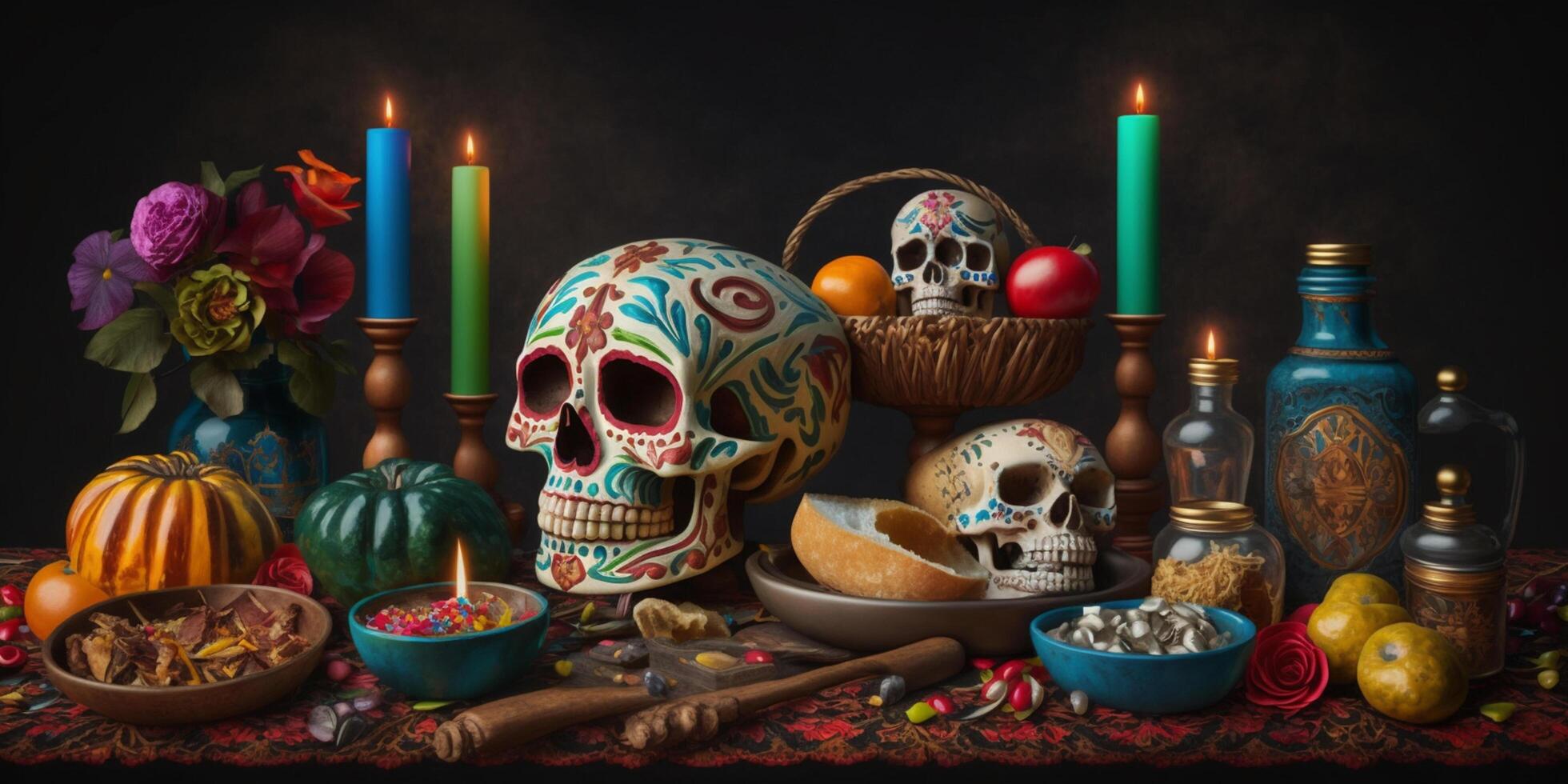 beschwingt bunt immer noch Leben von dekoriert Schädel mit Kürbisse, Kerzen und traditionell Mexikaner Dekor feiern Tag von das tot - - dia de Muertos ai generiert foto