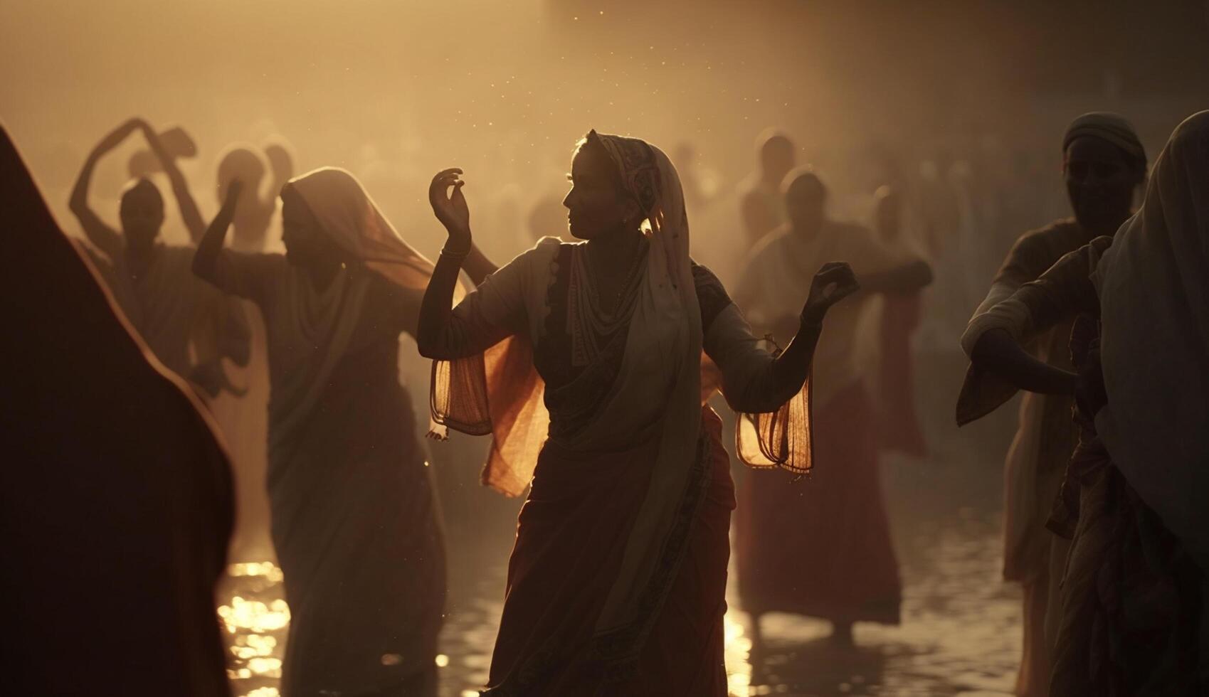 indisch Pilger Baden im das Ganges beim Dämmerung ai generiert foto